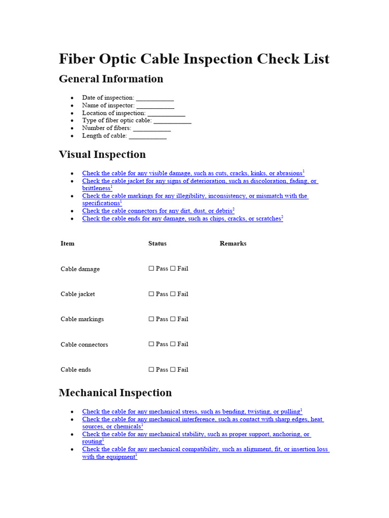 Fiber Optic Cable Inspection Checklist | PDF | Optical Fiber ...