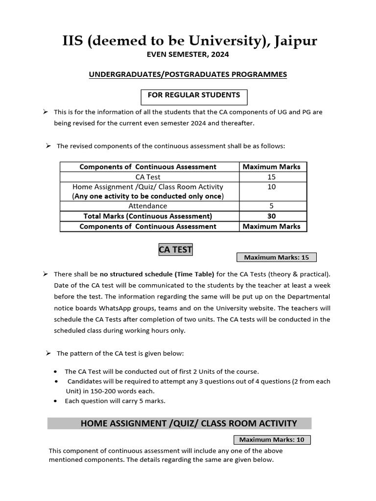 Revised CA Marks for UG/PG Students | PDF