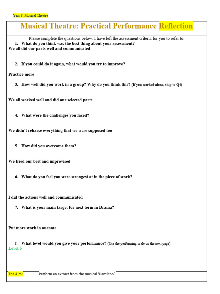 Year 8 Musical Theatre Reflection Guide | PDF | Communication | Cognition
