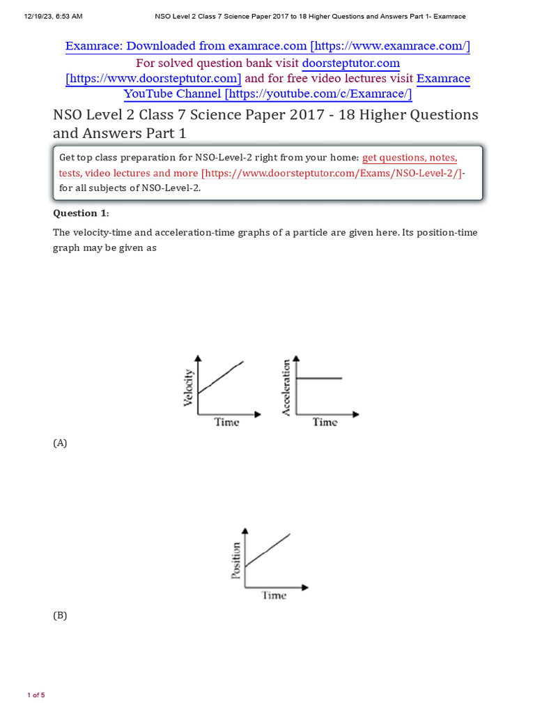 NSO Level 2 Class 7 Science Paper 2017 18 Part 1 | PDF