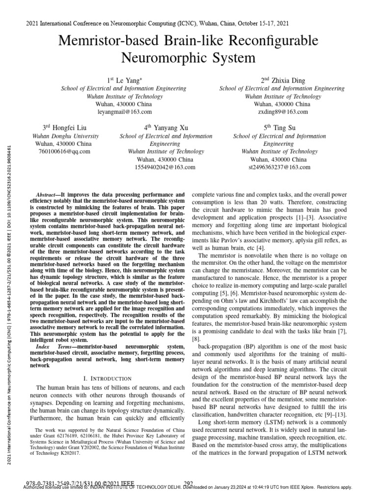 Memristor Based Brain Like Reconfigurable Neuromorphic System Pdf