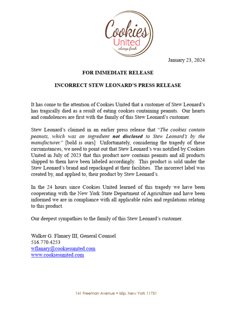 Cookies United Press Release and Cookie Ingredients PDF