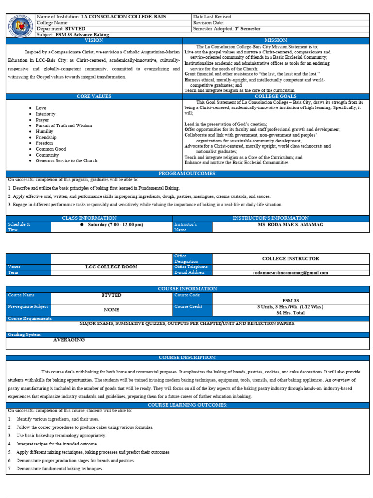 Syllabus fsm33 PDF Baking Cakes