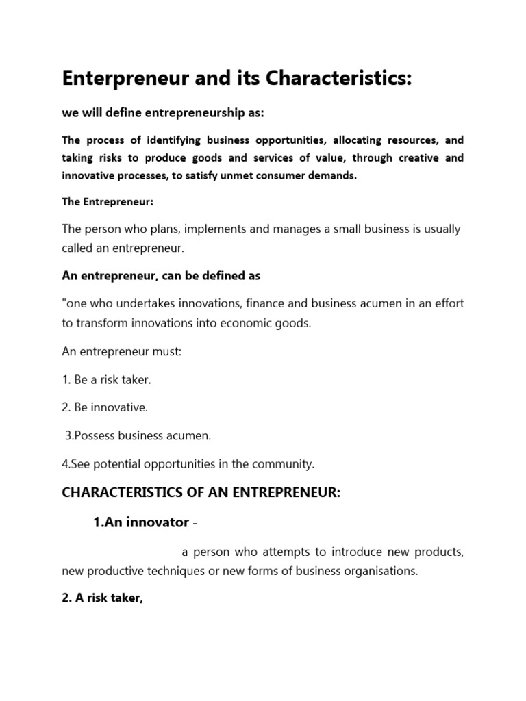 Enterpreneur and Its Characteristics | PDF | Entrepreneurship | Goal
