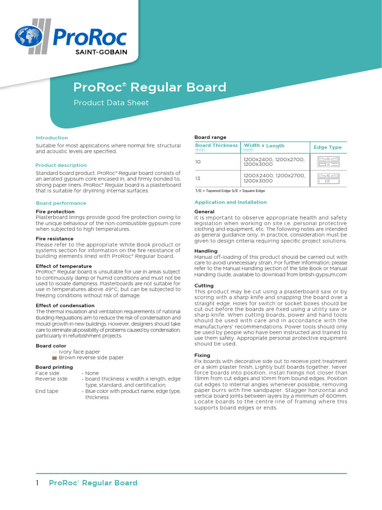 PDS - ProRoc Regular Board | PDF | Drywall | Building