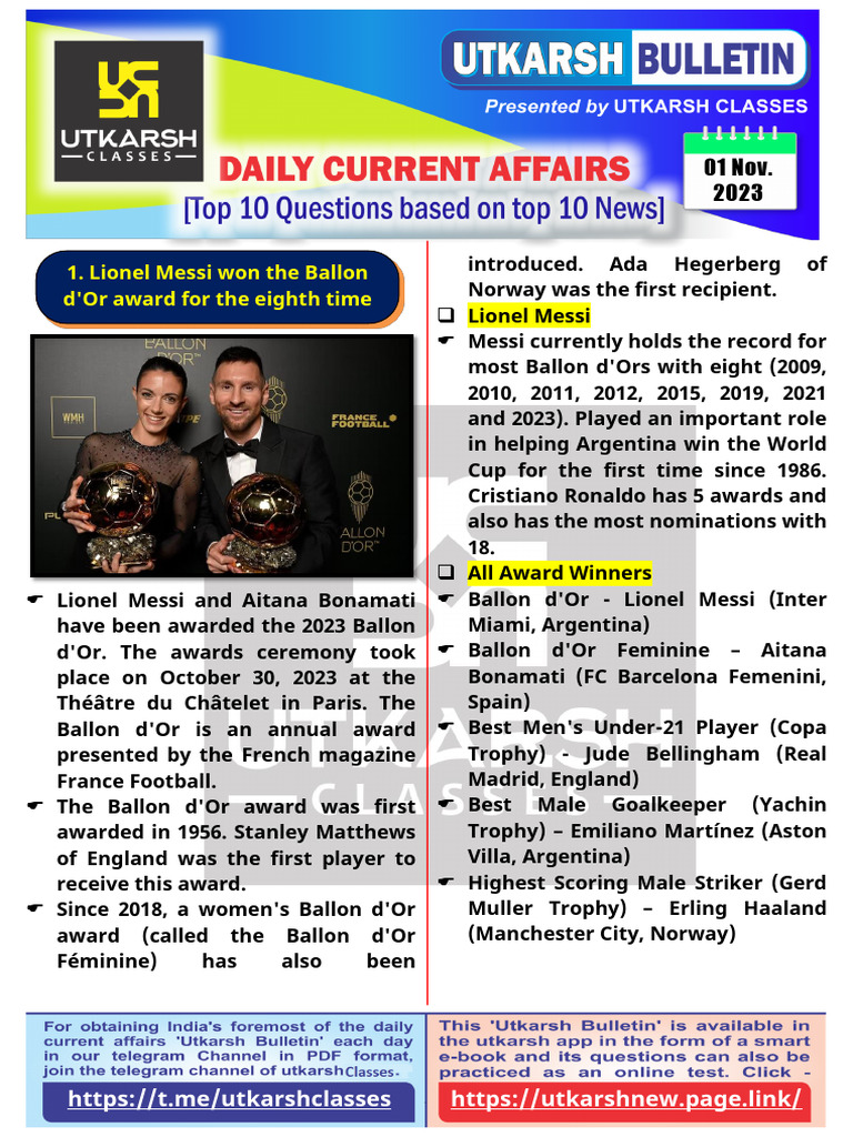 01 November 2023 Current Affairs English | PDF