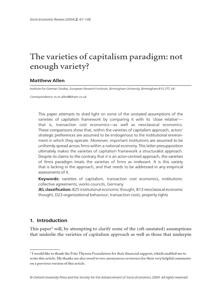 Allen 2004 Varieties of Capitalism Paradigm Not Enough Variety | PDF ...