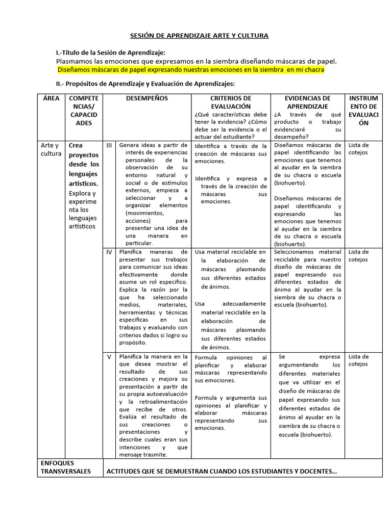 Sesión de Aprendizaje 01 Arte y Cultura | PDF