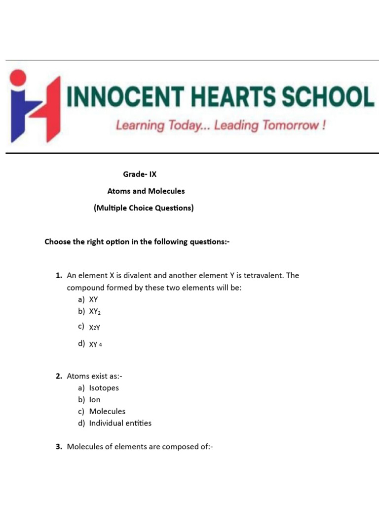 Class 9 Atoms and Molecules MCQs | PDF