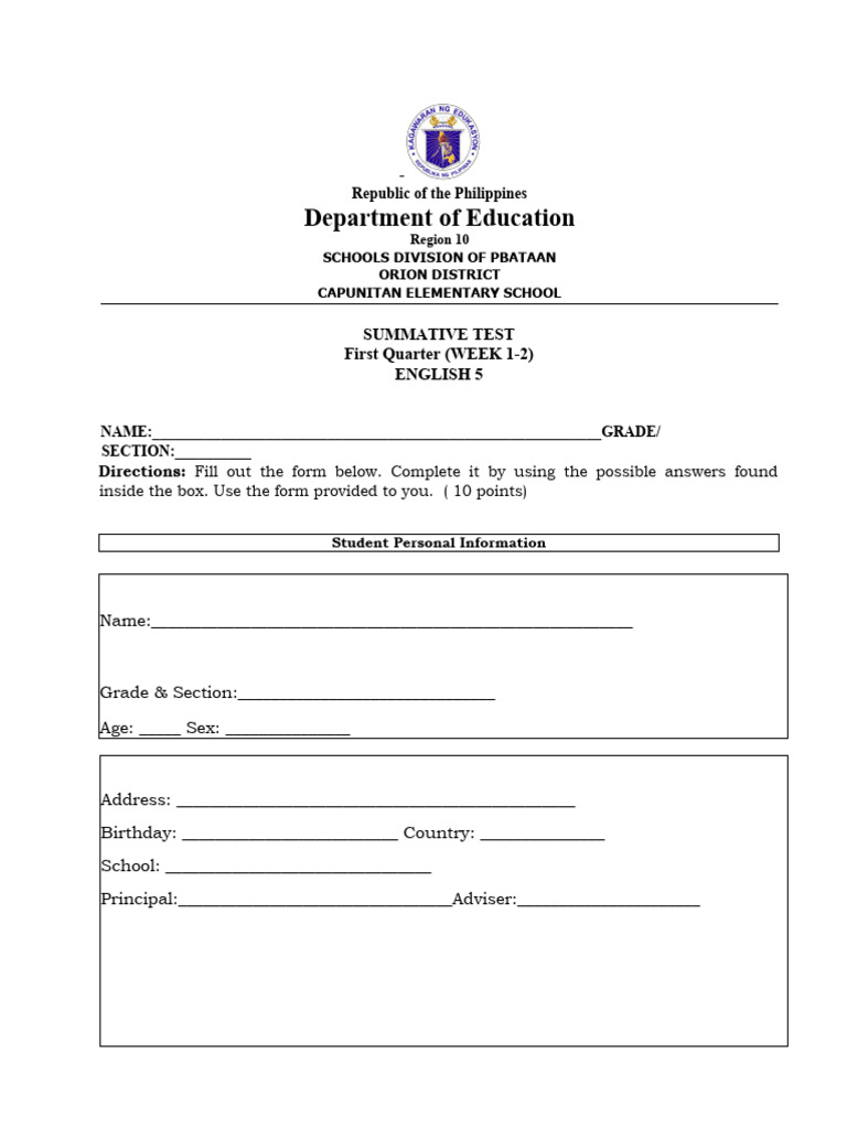 G5 English Q1 Summative 1 4 Pdf