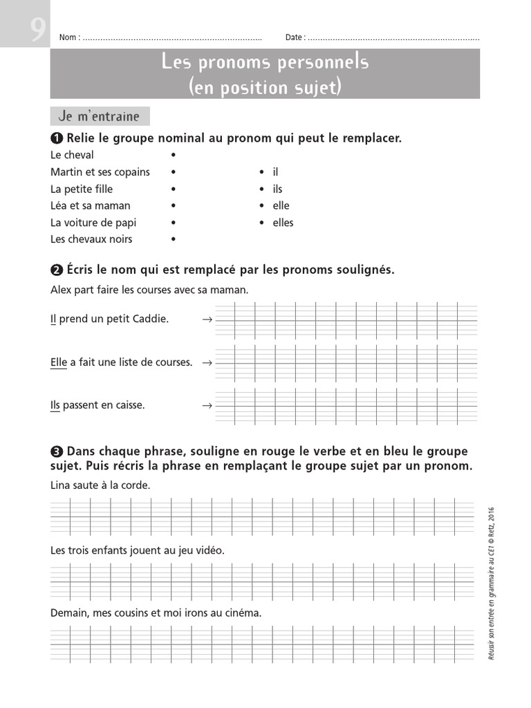 Exercices sur les pronoms personnels CE1 | PDF | Sujet (Grammaire) | Pronom
