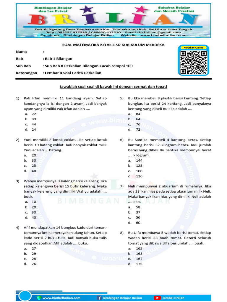 Soal Matematika Kelas 4 Sd Lembar 4 Soal Cerita Perkalian Pdf