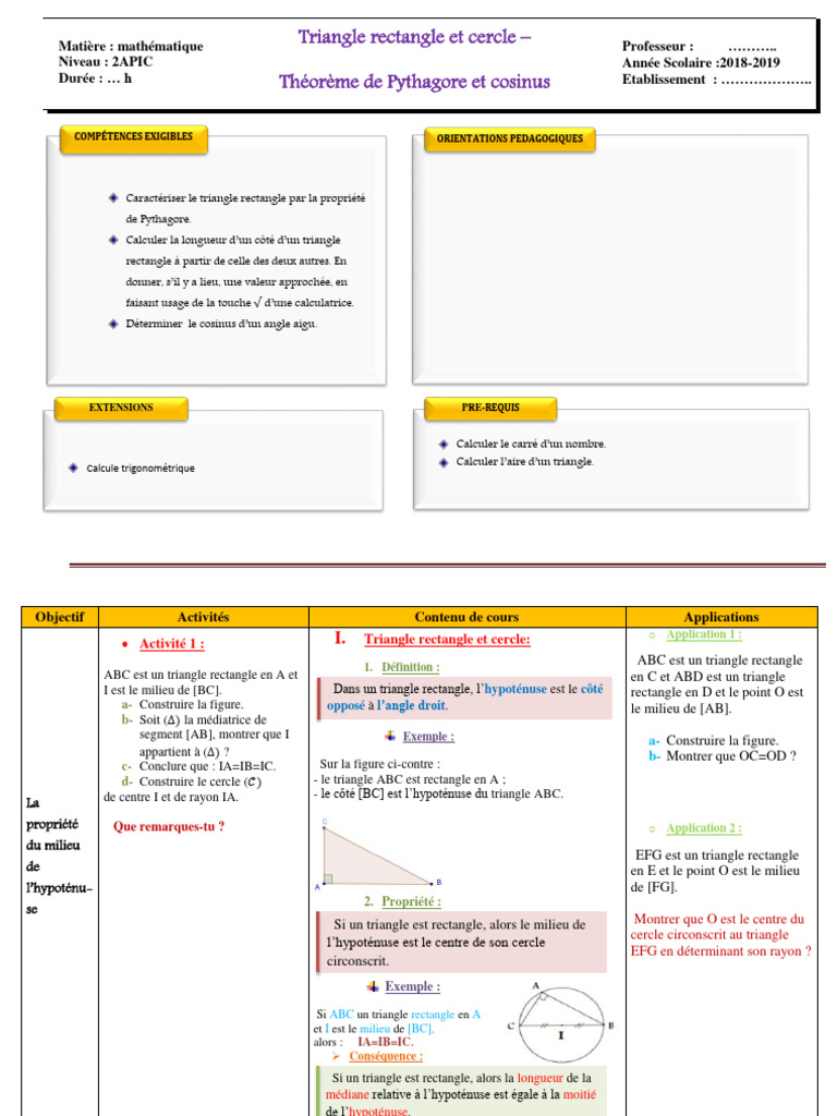 Triangle Rectangle et Cercle: Cours et Exercices | PDF | Triangle | Cercle