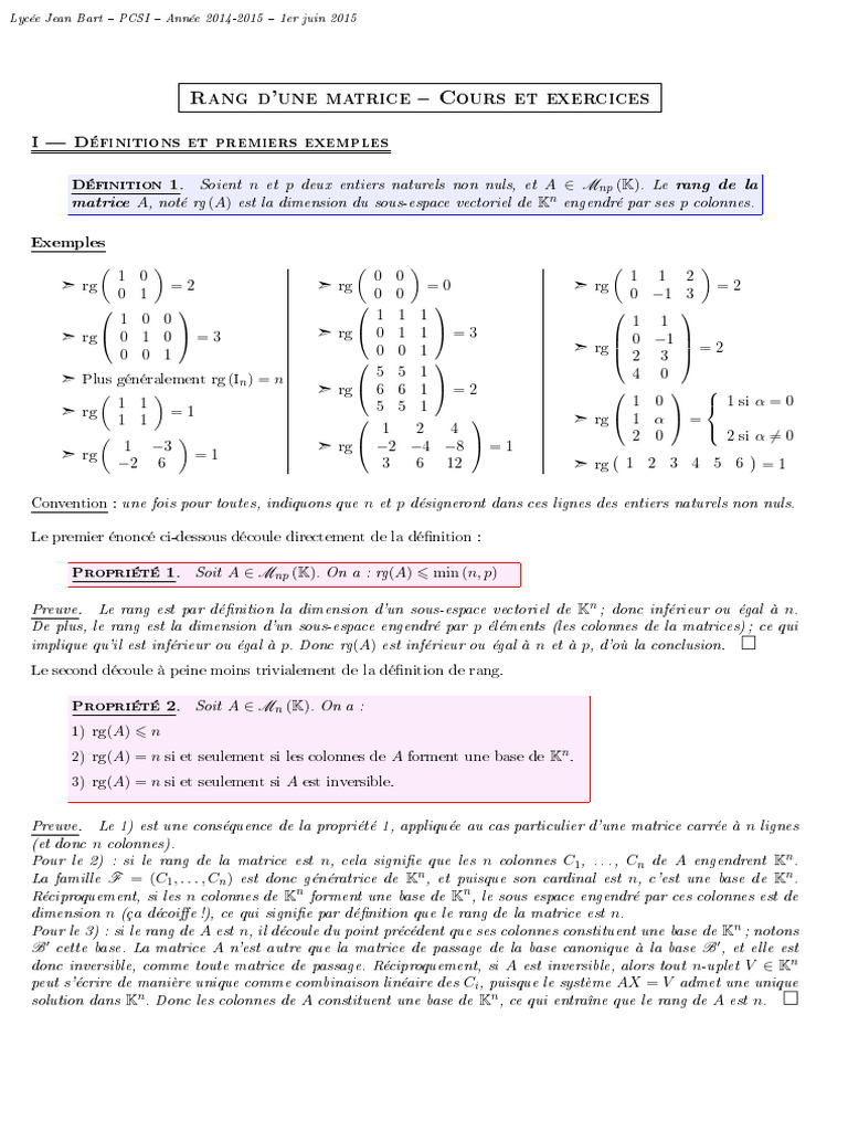 Rang D une Matrice Cours Et Exercices PDF Matrice Math matiques 