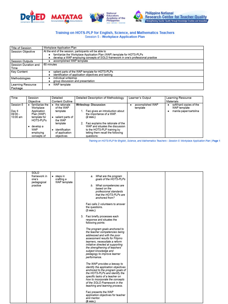Sample Workplace Application Plan For Master Teachers Pdf