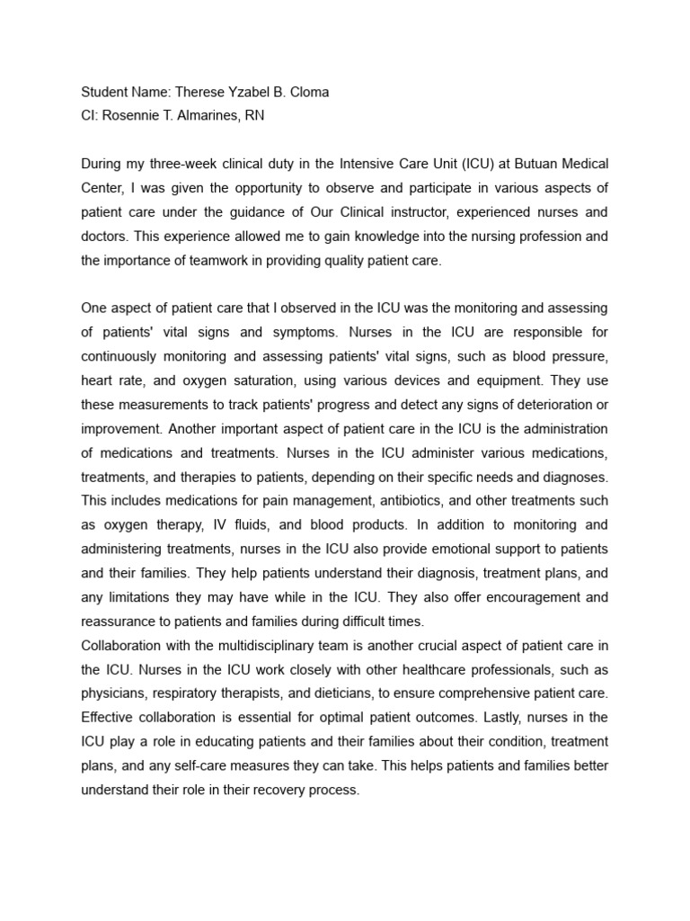 Reflection BMC - CLOMA 2 | PDF | Intensive Care Medicine | Nursing
