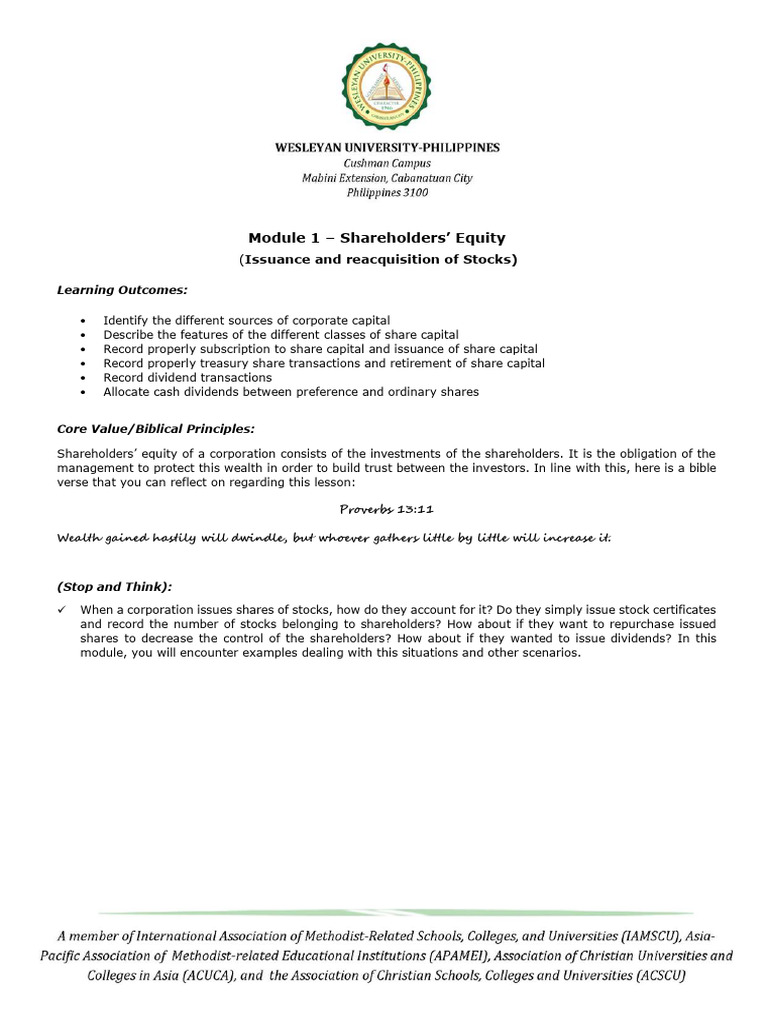 Understanding Shareholders Equity Pdf Treasury Stock Stocks