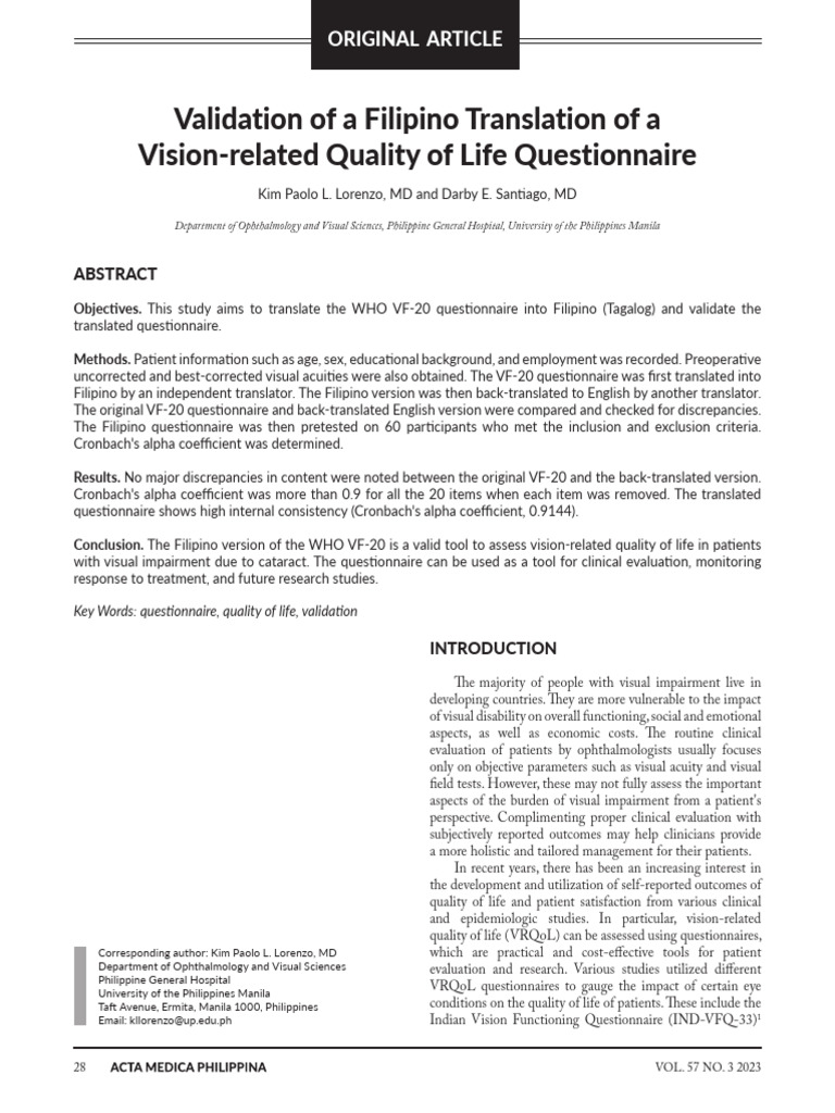 Validating Filipino VF-20 Questionnaire | PDF | Cronbach's Alpha ...