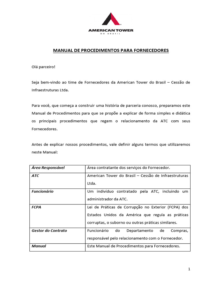 Manual de procedimentos para fornecedores american tower do brasil