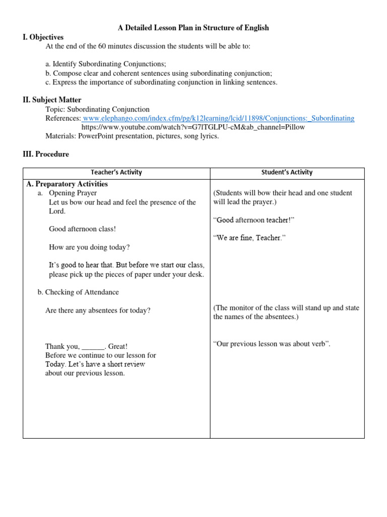 A Detailed Lesson Plan in Structure of English | PDF