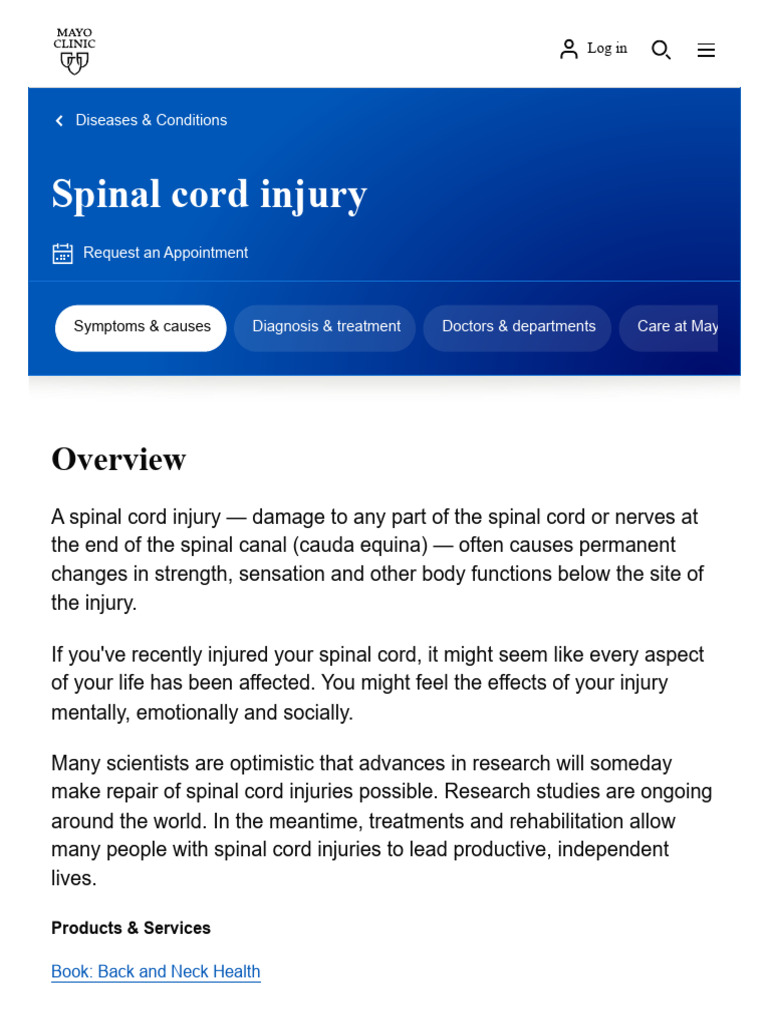Spinal Cord Injury - Symptoms and Causes - Mayo Clinic | PDF