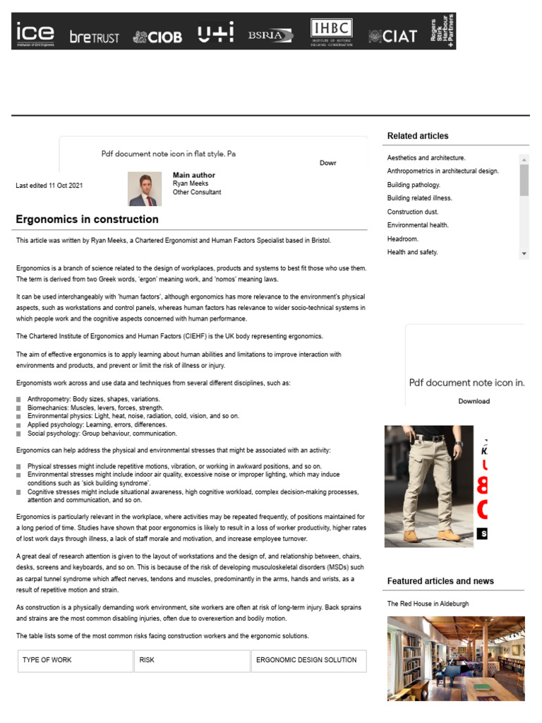 Ergonomics in Construction - Designing Buildings | PDF | Human Factors ...