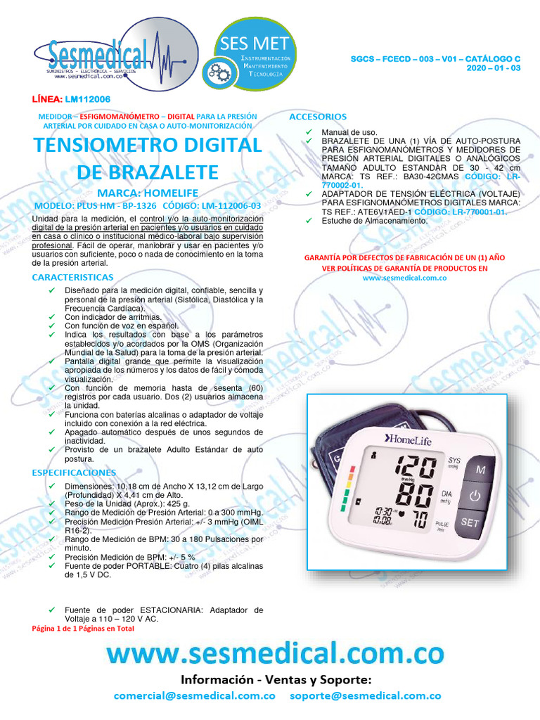 Tensiometro Homelife Plus HM - BP-1326 - Sesmedical | PDF