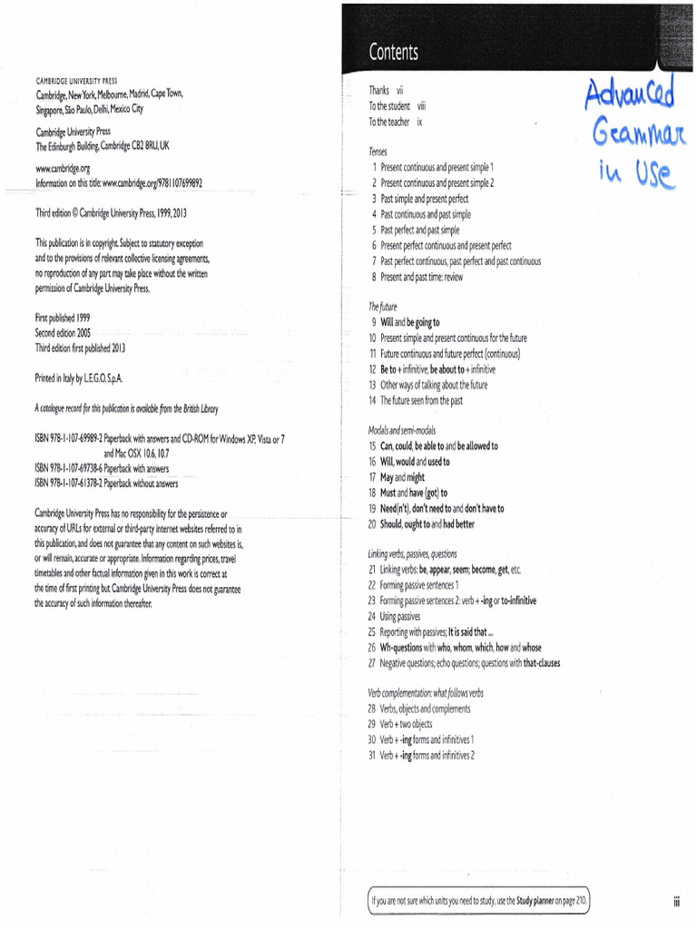 Advanced Grammar In Use Contents Grammar Reminder Pdf