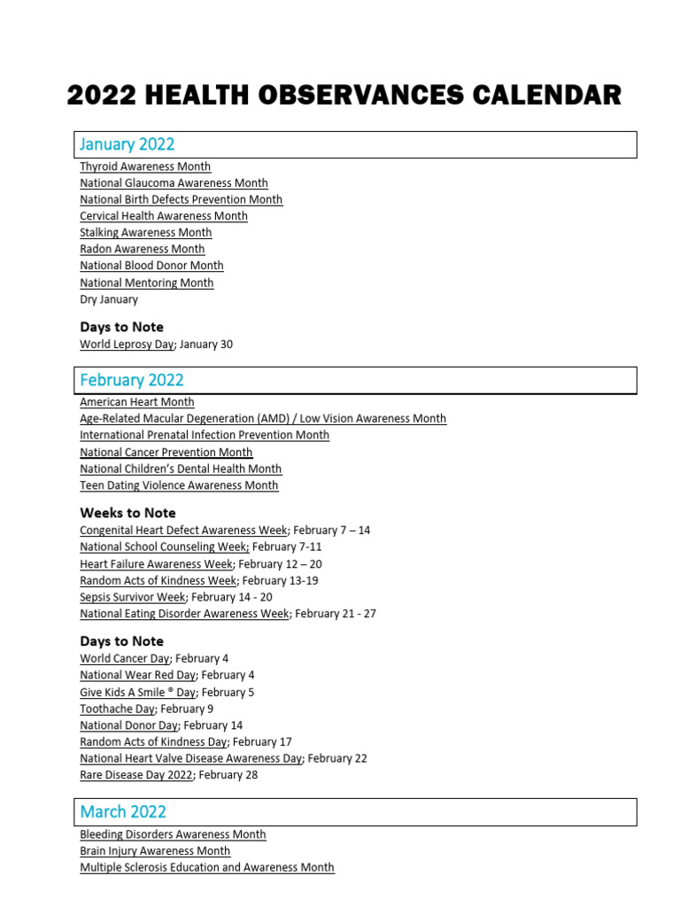 2022 Health Observances Calendar PDF