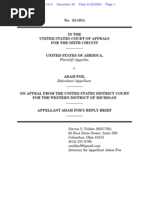 USA vs Fox: Sixth Circuit Court of Appeals - APPELLANT ADAM FOX’S REPLY BRIEF