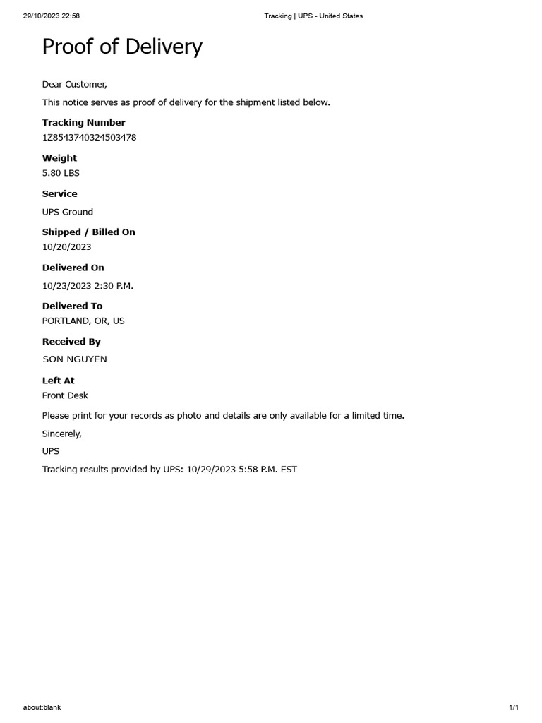 UPS Delivery Proof: 1Z8543740324503478 | PDF
