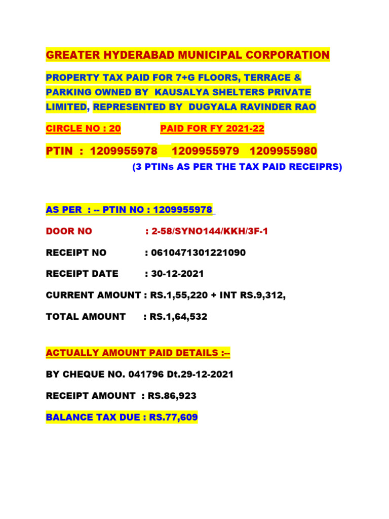 Property Tax Paid Details PDF