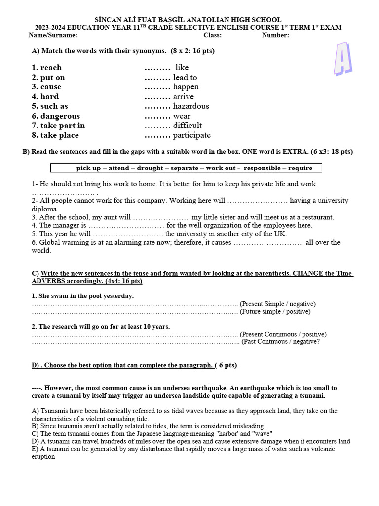 11th Grade English Exam Guide | PDF | Tsunami | Language Mechanics