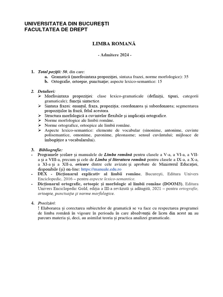 Limba Romana Admitere Drept 2024 PDF