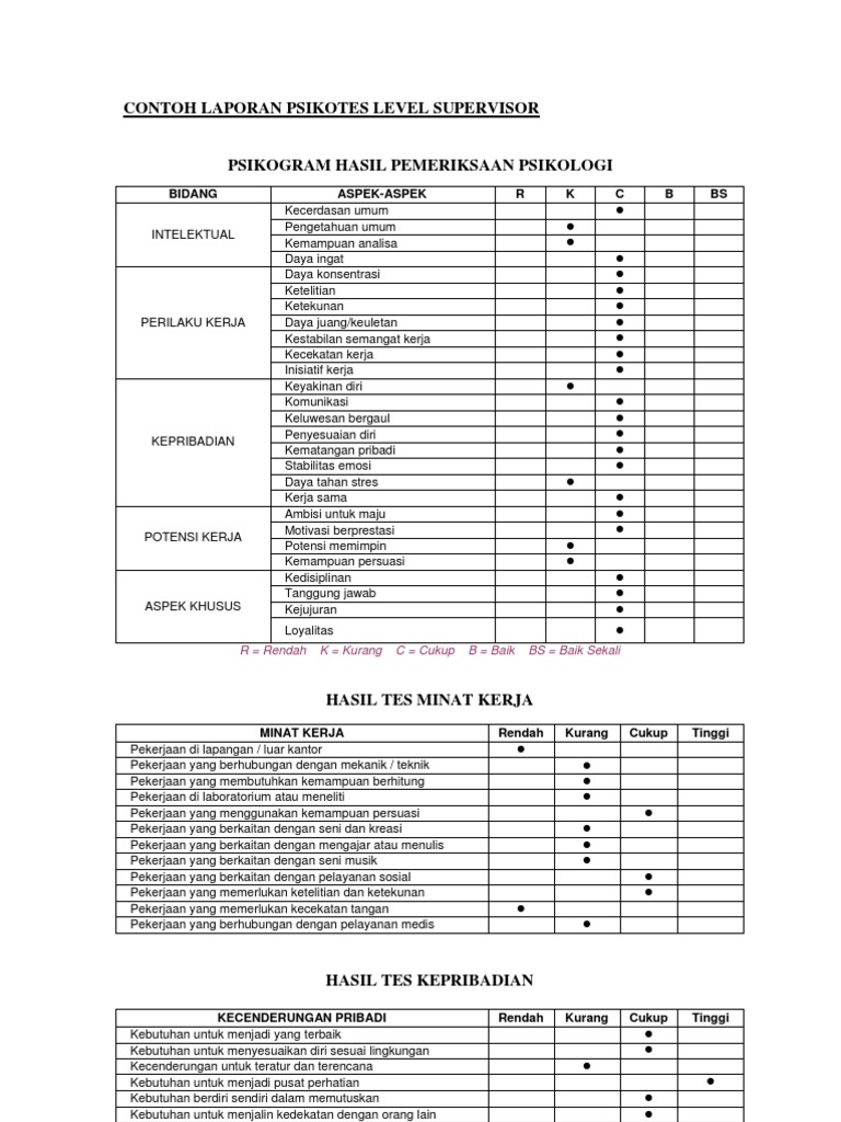 Contoh Psikogram Dan Laporan Psikotes Level Supervisor