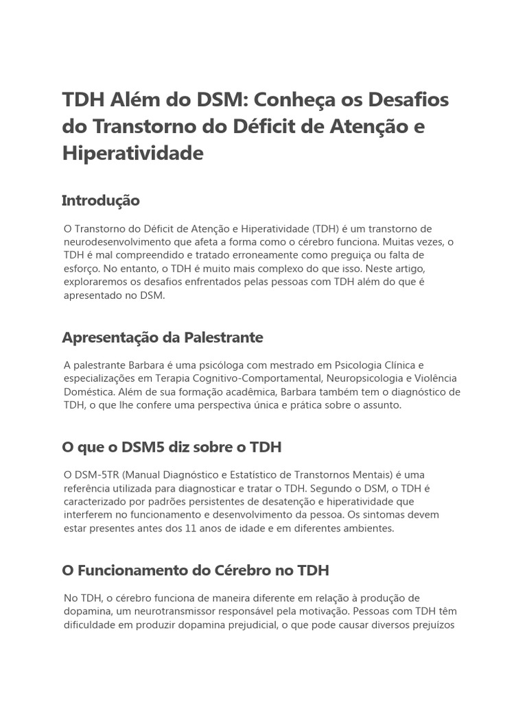 Desafios do TDH Além do DSM | PDF | Transtorno de déficit de atenção e ...