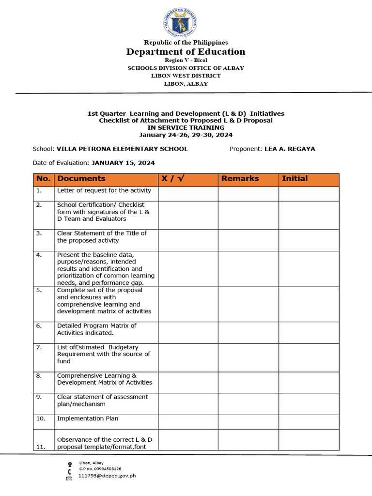 Libon Albay L&D Proposal Checklist | PDF