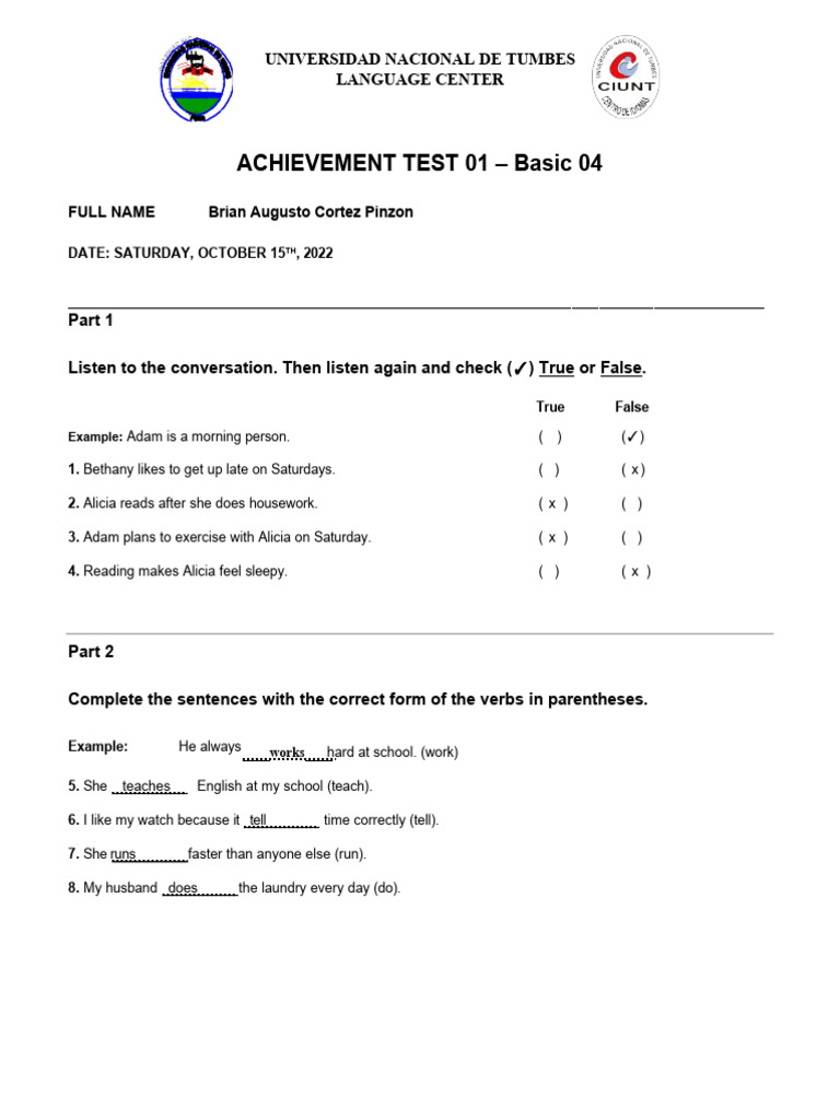 Achievement Test 01 - Basic 04 - 2022 | PDF | Linguistics
