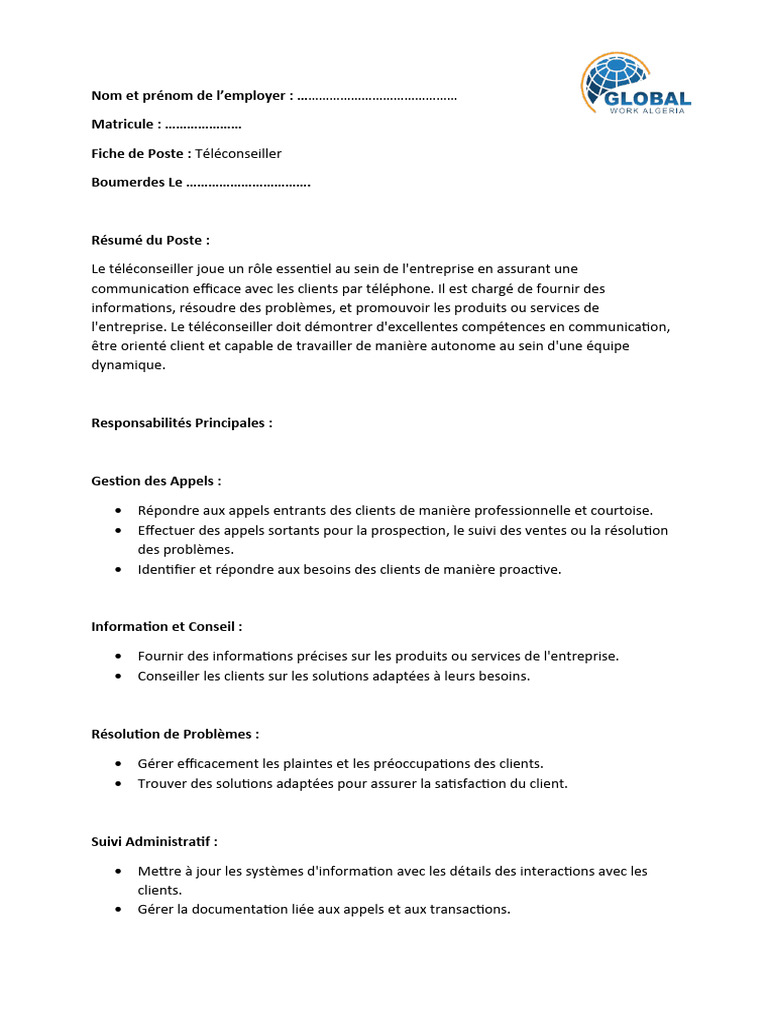 Fiche de Poste : Téléconseiller Algérie | PDF | Business | la communication
