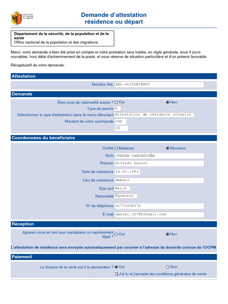 Demande d'attestation de résidence Genève | PDF