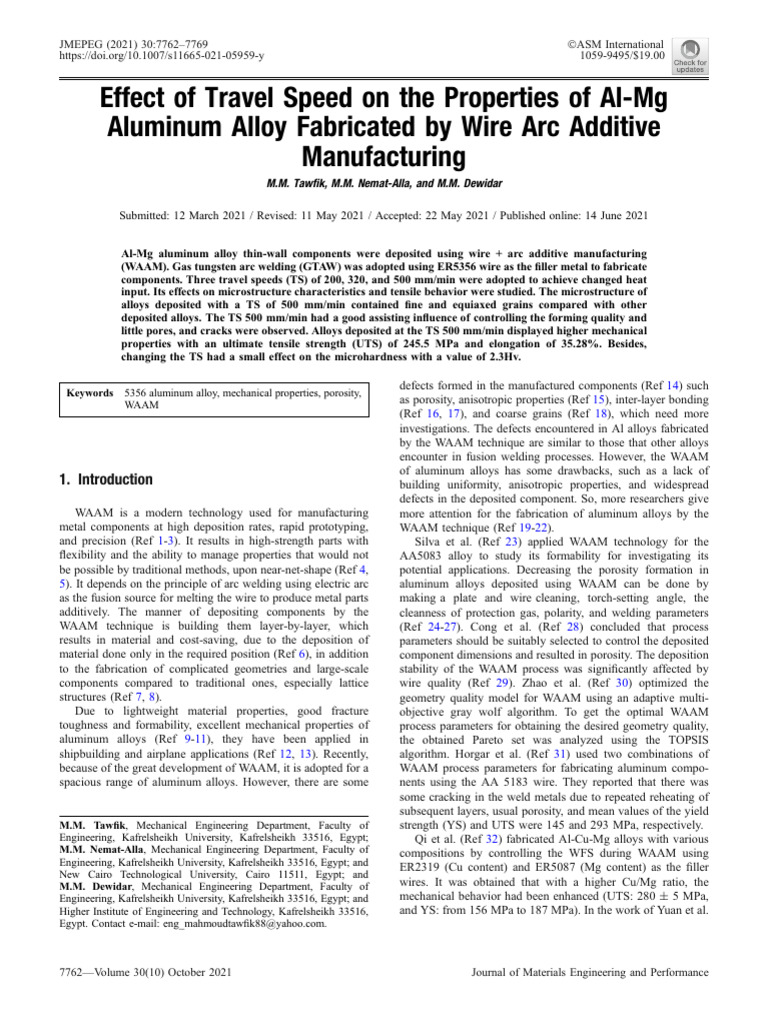 2021 Effect Of Travel Speed On The Properties Of Al Mg Aluminum Alloy 