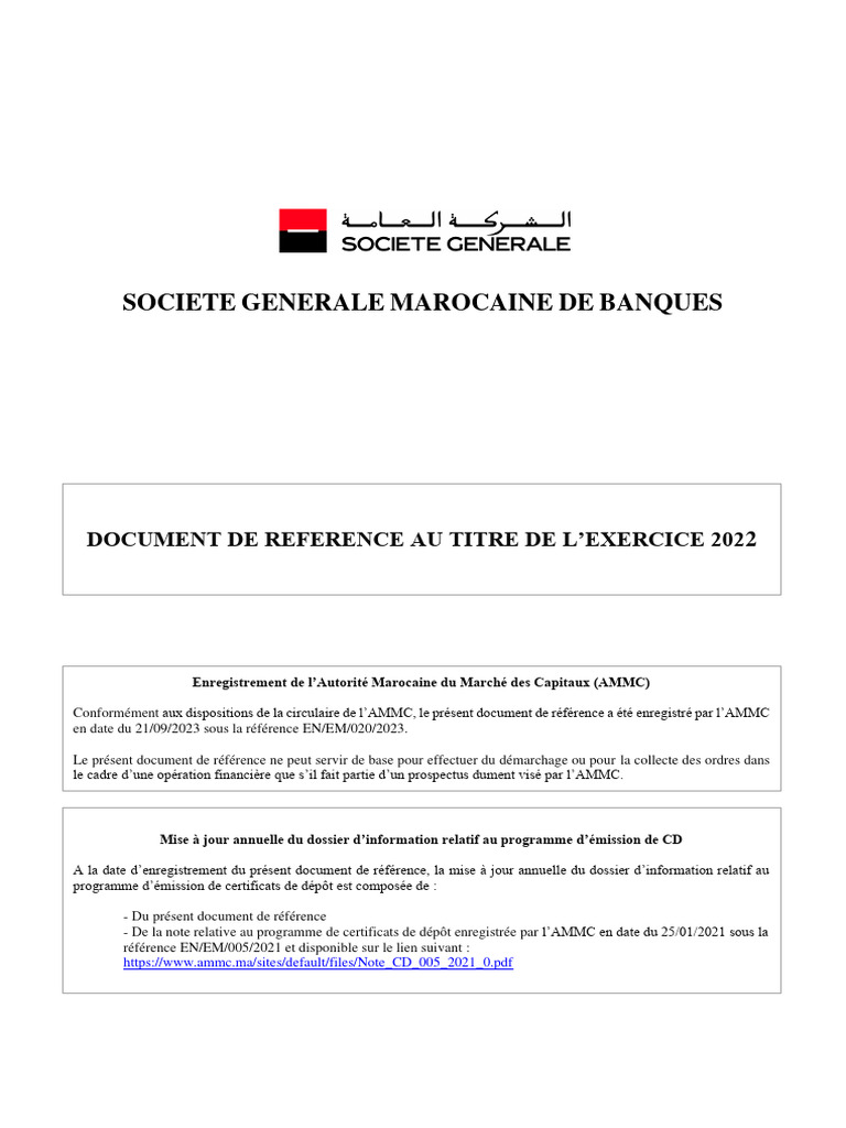 Document de Référence SGMB 2022 | PDF | Action (Finance) | Banques
