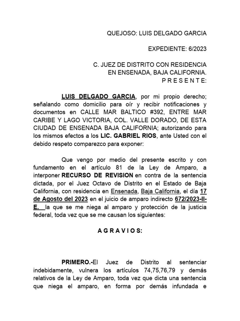 Recurso de Revisión en Amparo Indirecto | PDF | Caso de ley | Sentencia ...