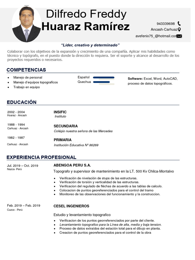 CV de Topógrafo en Perú | PDF | Diseño gráfico | Tecnología geográfica