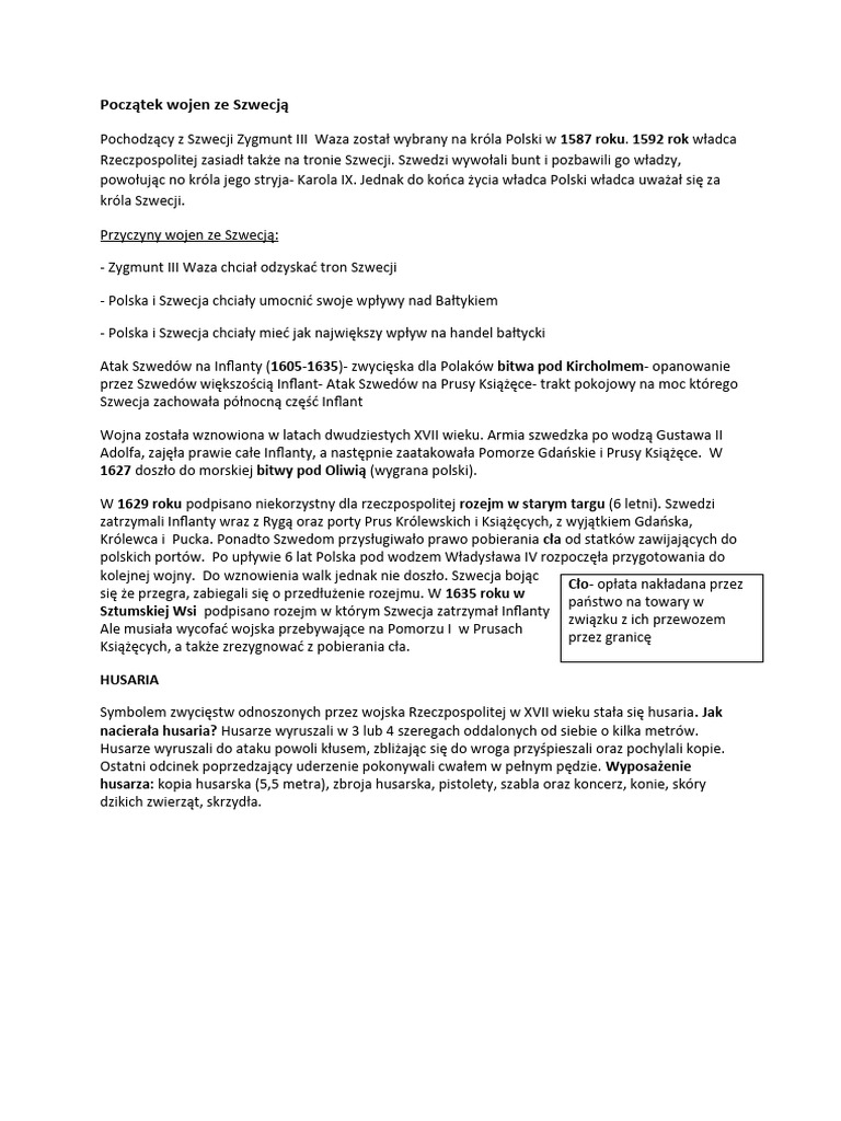 Przyczyny Wojen Ze Szwecja W 17 Wieku Początek Wojen Ze Szwecją | PDF