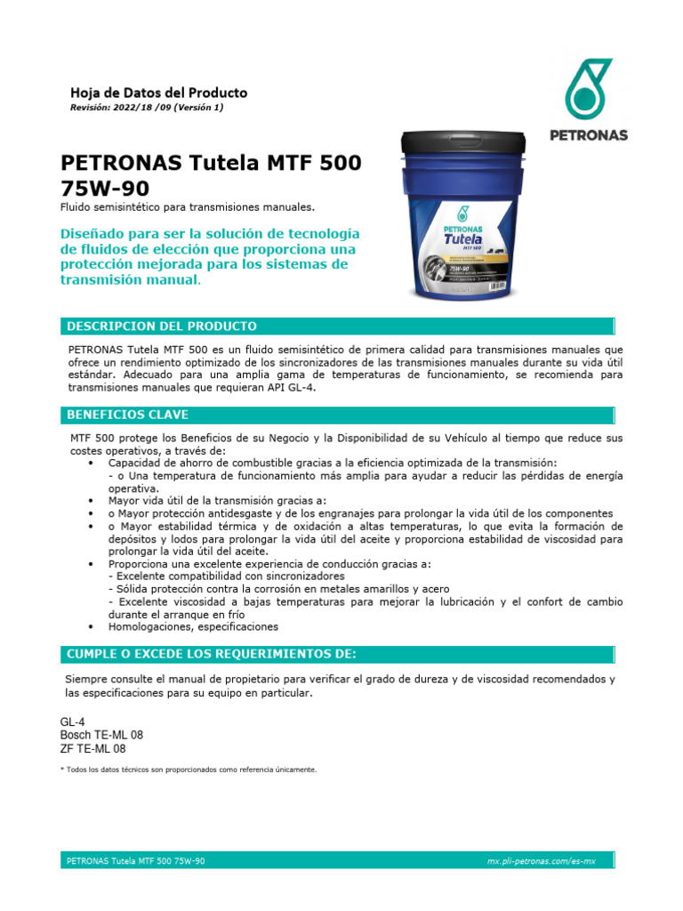 PETRONAS Tutela MTF 500 75W-90 Ficha Técnica | PDF | Tecnología