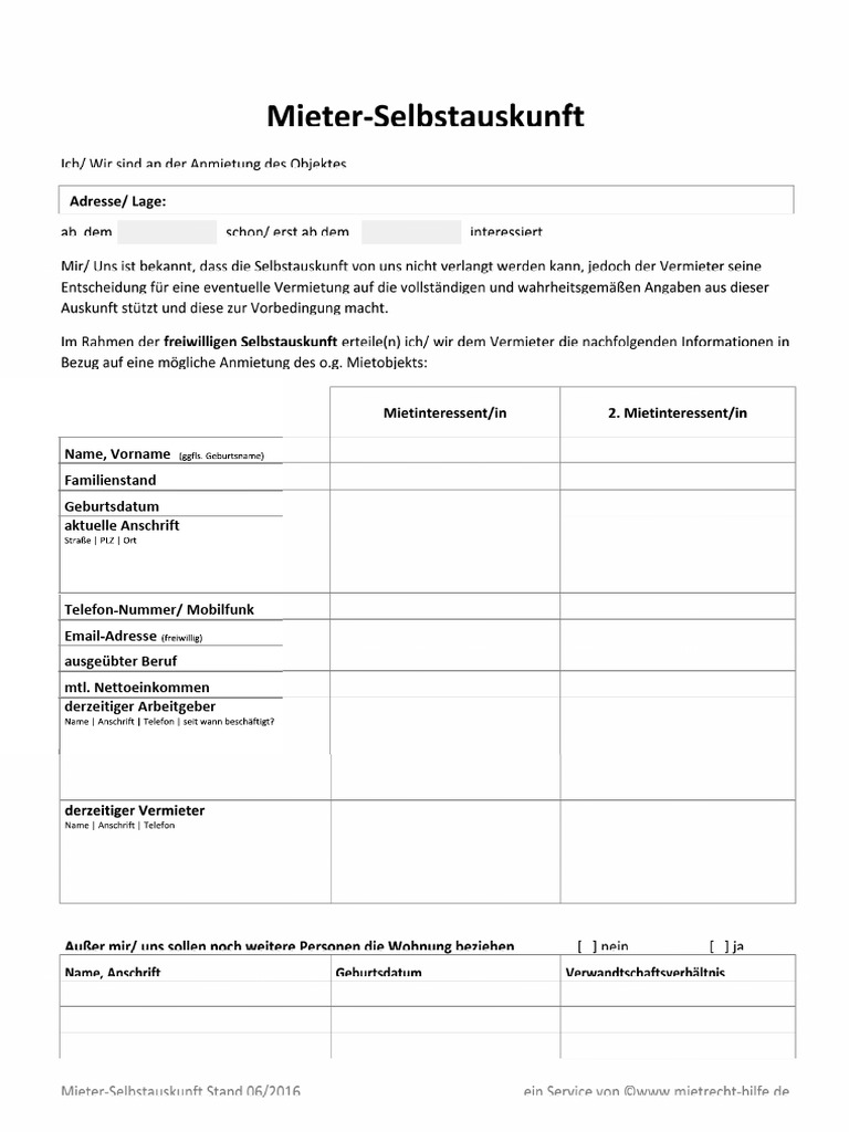 Wunderschne Selbstauskunft Mieter Vorlage Fotos
