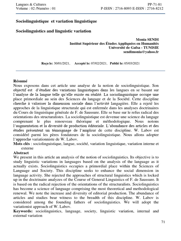 Sociolinguistique et variation linguistique | PDF | Sociolinguistique ...