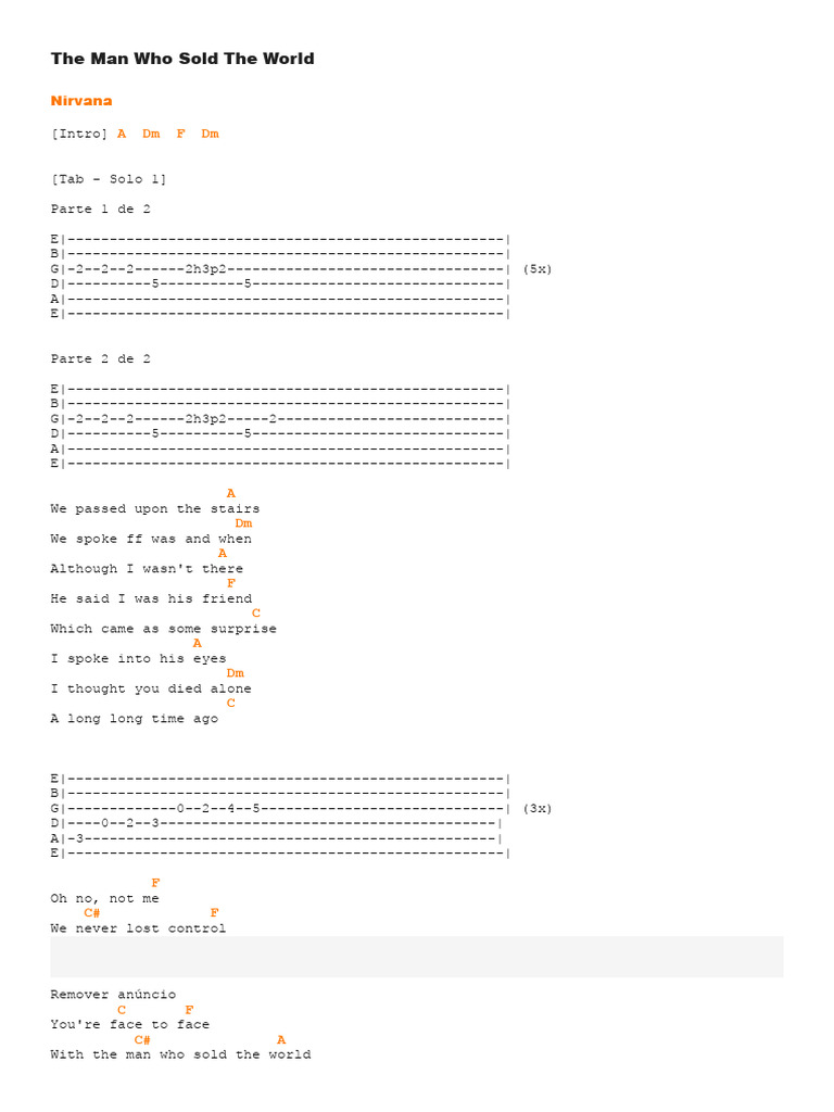 Nirvana "The Man Who Sold The World" Tabs | PDF | Rock Songs | British Rock Songs