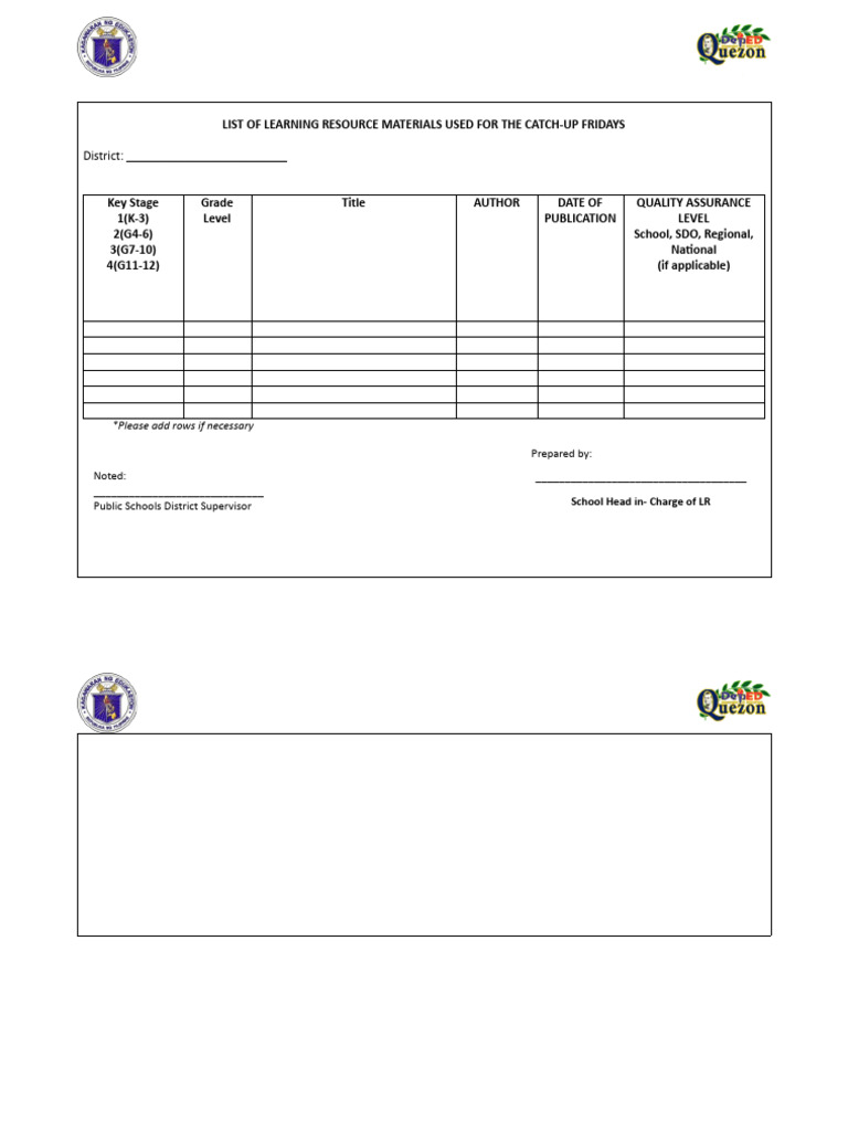 Learning Resource Materials Template Catch Up Fridays Pdf